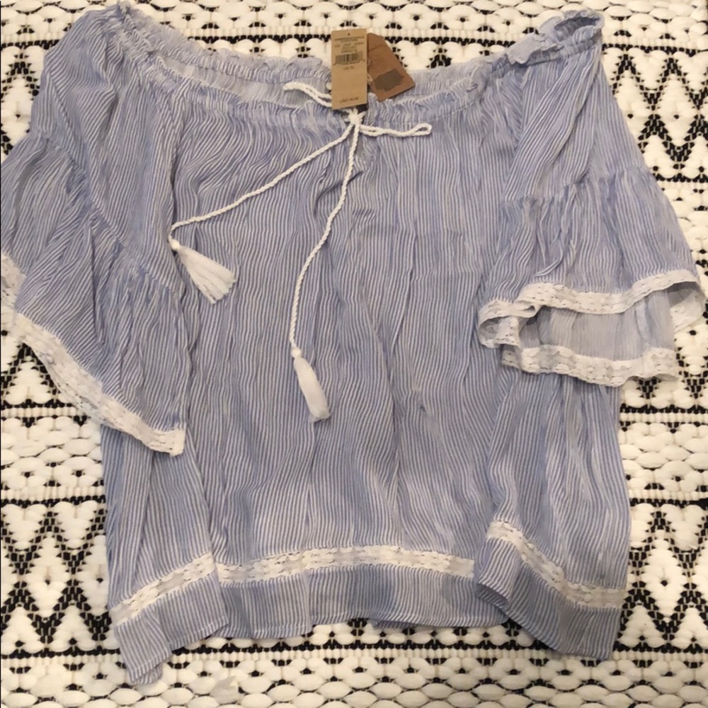 Off the shoulder blue/ white striped lace blouse